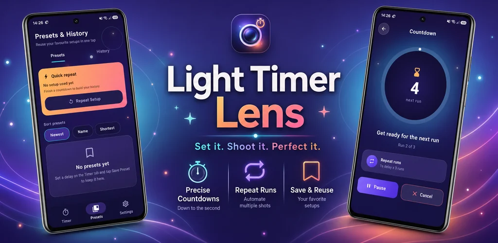 Light Timer Lens product artwork and app screens