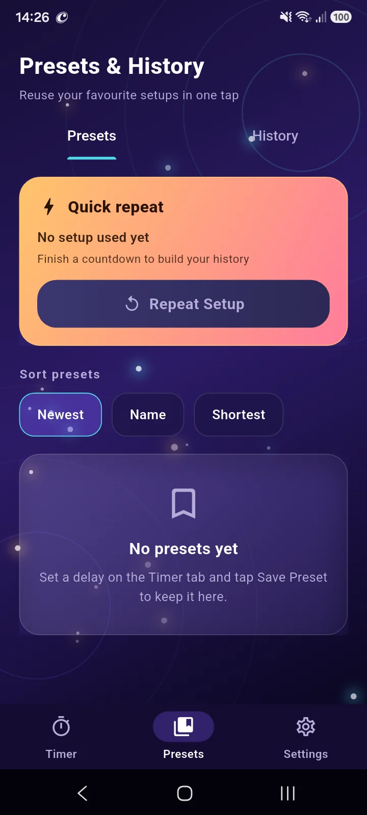 Light Timer Lens presets screen