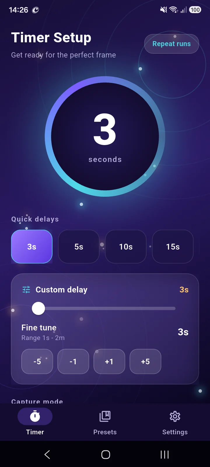 Light Timer Lens timer setup screen